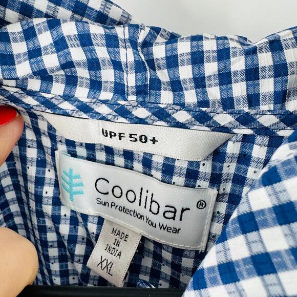Coolibar Blue Gingham UPF 50+ Button Shirt Hooded Sun Protection XXL - Picture 3 of 8